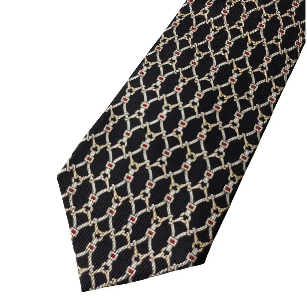 Van Heusen 417 Mens Silk Tie Black Gold Red Geometric Chain Link Pattern Classic
